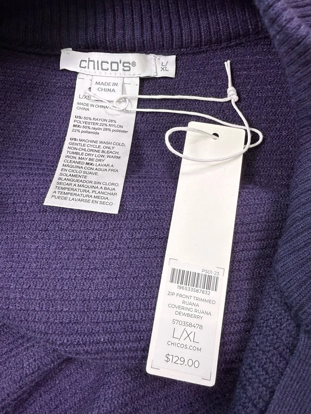 NWT Chico’s Zip Front Trimmed Ruana Covering Purple Ribbed Poncho Cape L/XL